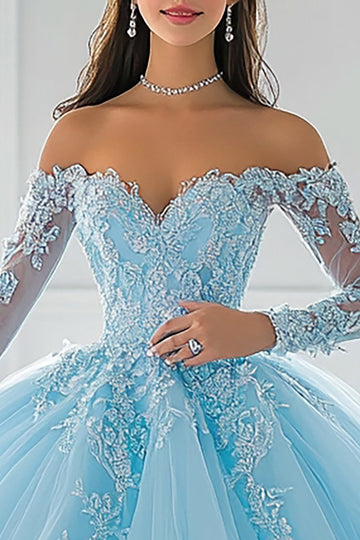 Off the Shoulder Appliqued Ball Gown Sky Blue Quinceanera Dress
